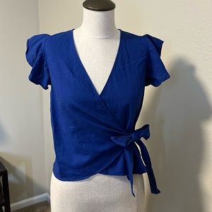 Ann Taylor Faux Wrap Linen Blouse with Bow